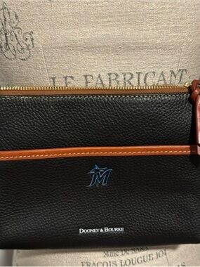 Dooney & Bourke Black & Tan Leather Crossbody w/ Miami Marlins Emblem
